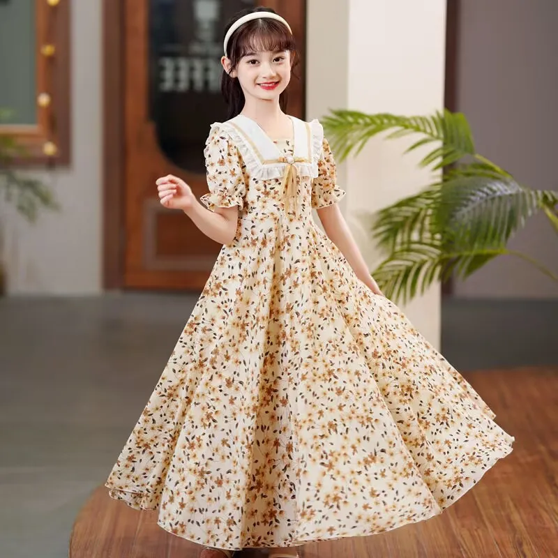 2024 Summer Girls Elegant New Children Casual Princess Teenager chiffon floral pearl green dress 5 6 7 8 to 9 10 11 12 13 year