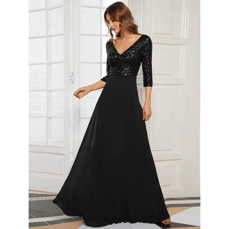 

2025 Women's New High Quality Chiffon Double V-neck Long Skirt Fashion A-line Large Pendant Sequin Splicing Evening Dress