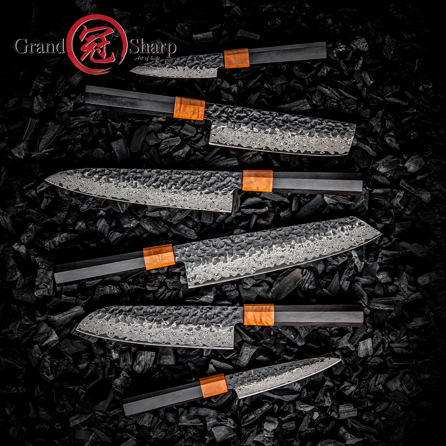 Grandsharp 1-6Pcs Damascus Steel Knife Set With 67 Layers 10Cr15MoV Core Hammered Blade Solidified Wood Ebony Handle Cutlery