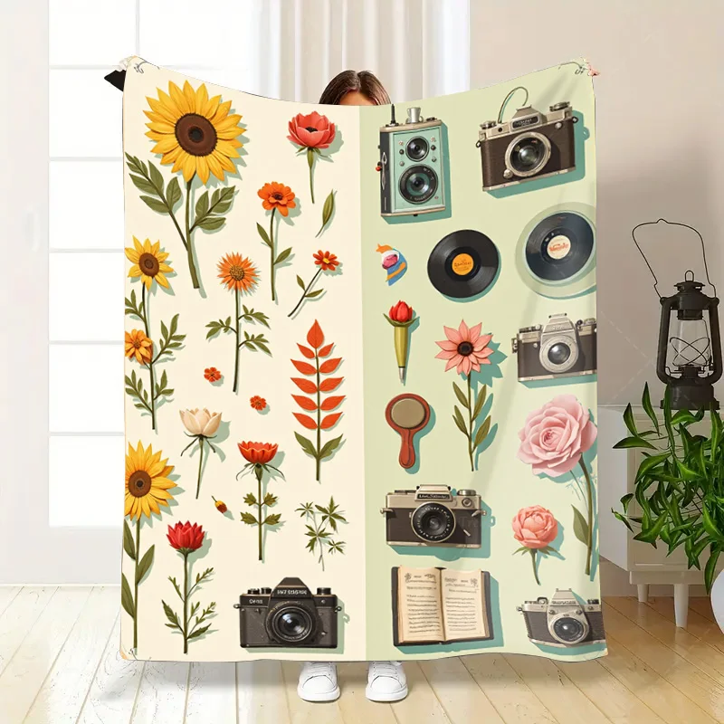 1 قطعة بطانية الفانيلا خمر الأزهار وكاميرا طباعة رمي بطانية لديكور المنزل مريح #5