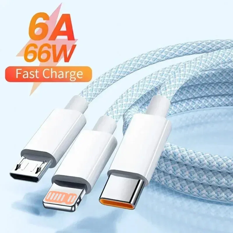 

6A 3 In 1 USB Type C Cable 66W Super Fast Charging Cables for Huawei Xiaomi Samsung OPPO Lightning Data Cord for iPhone 1.2/2/3M