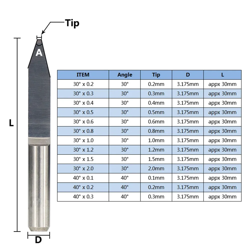 10 Pcs 30 40 Degree V Shape End Mill 3.175mm (1/8 '') Shank Carbide Pcb Engraving Bits Cnc Router Tool