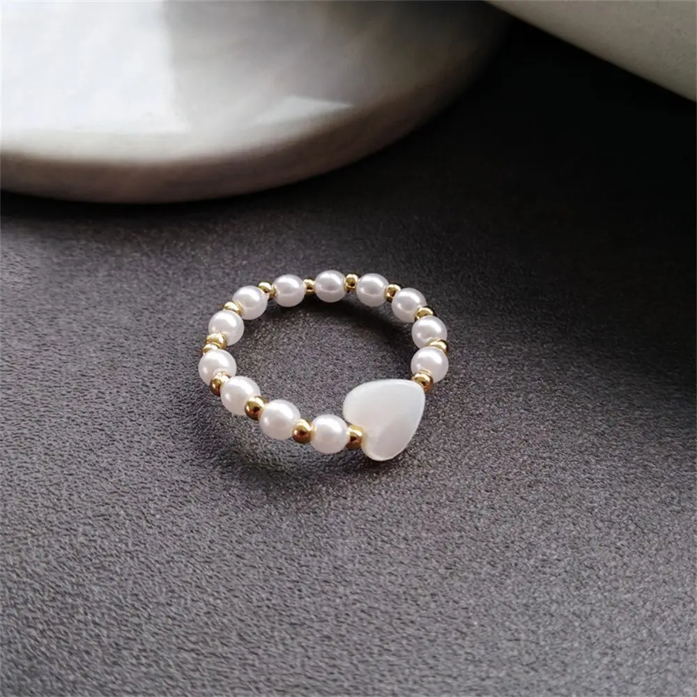 Tender Romantic Wedding Elastic Gift Heart Shape Adjustable Ring Imitation Pearl