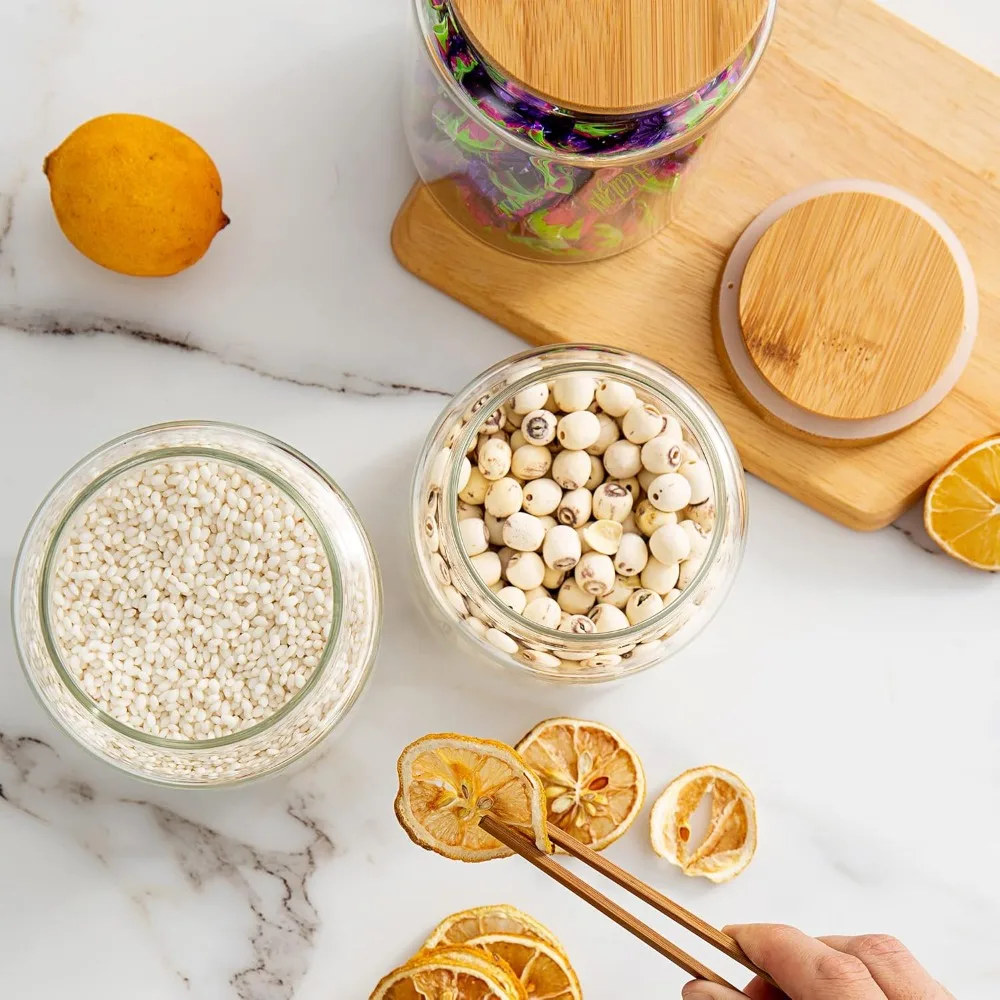 Pot en verre transparent de 480 ml/16 oz avec couvercle en bambou hermétique, décor pour café, épices, etc.