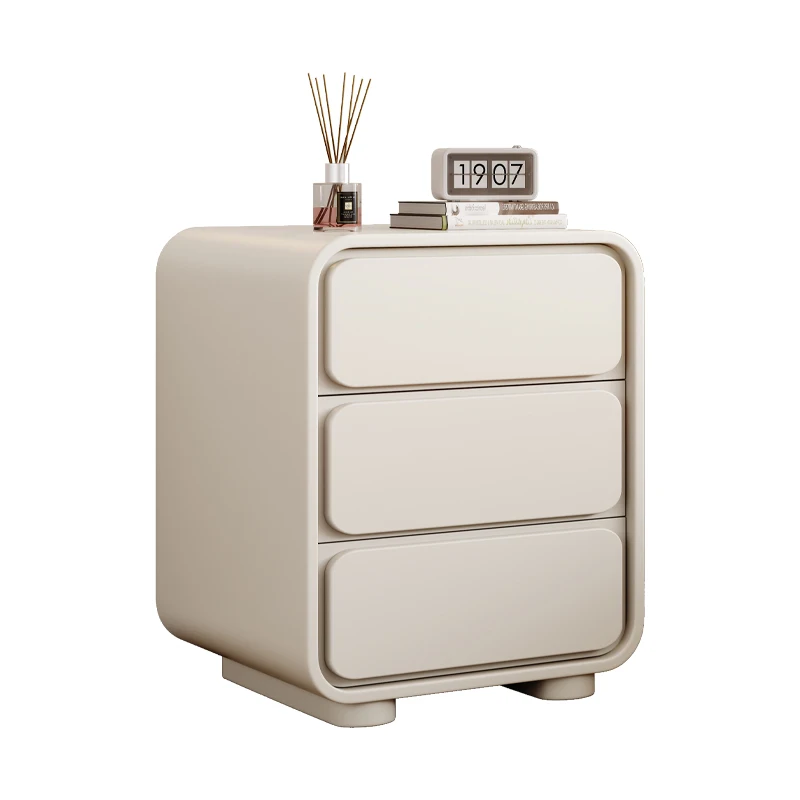 Minimalist Solid Wood Minimalist Modern Leather Bedside Cabinet Home Bedroom Cream Wind Three Layer Drawer Bedside Cabinet