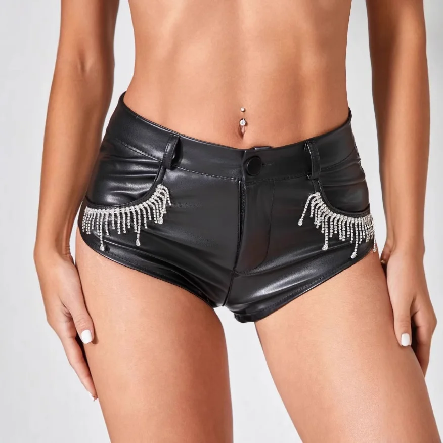 Women's Fringed Crystal High Waist Sexy PU Leather Shorts Fashion Booty Shorts