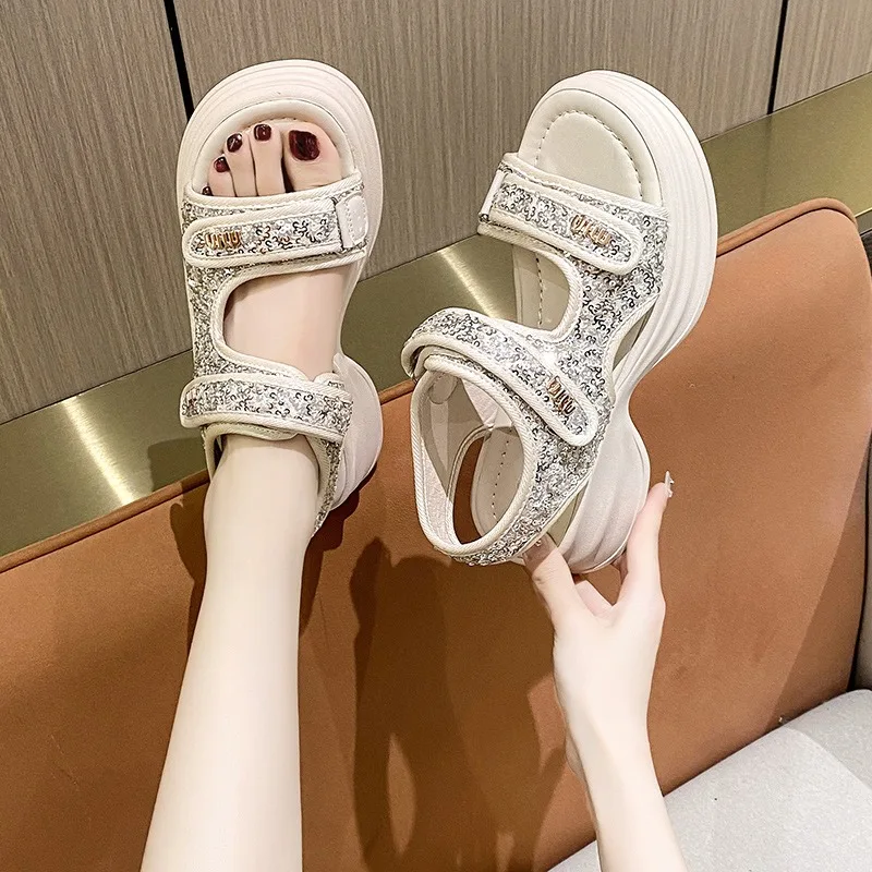 2024 Women Sports Sandals Summer New Fashion Bling Glitter Casual Roman Designer Shoes Girls Platform Sandal