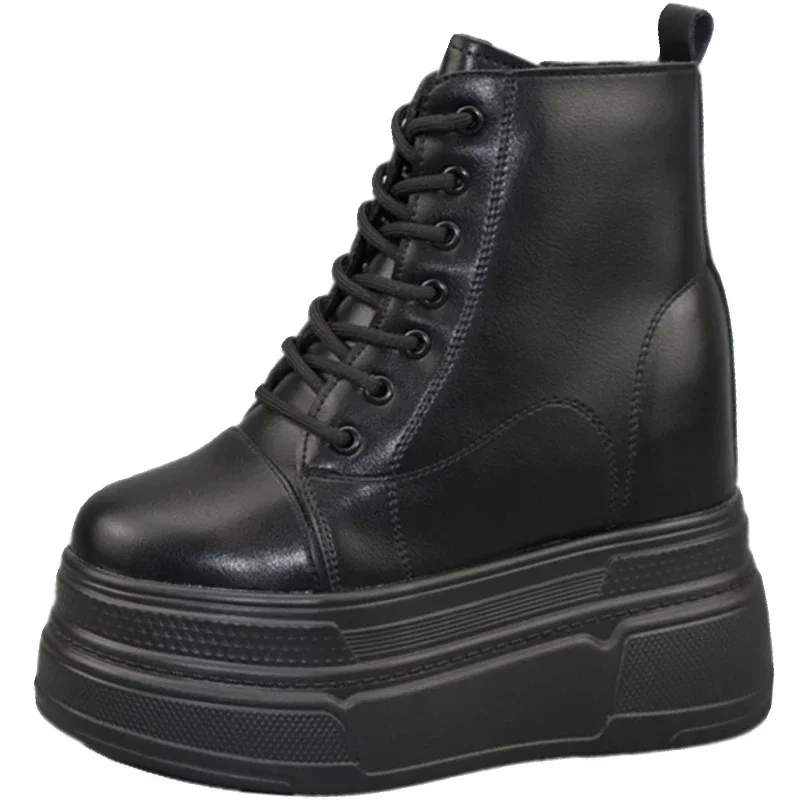 Genuine Leather Ankle Boots Women 14cm Wedge Heel Platform Zip Booties Thick Sole Short Chunky Boots Comfortable Footwear Size