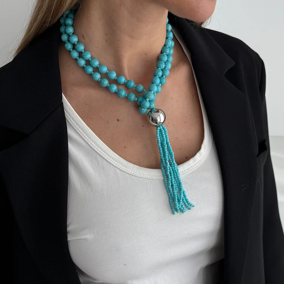 Necklace Y Shape Tassel Chunky Round Beads Acrylic Seed Beads Elegant Statement Versatile Comfortable Daily Jewelry for Her