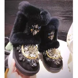 Bling nero bianco gemma strass cucito pelliccia di coniglio stivali da neve ricamo cristallo punta tonda caldo peluche stivali invernali in pelliccia