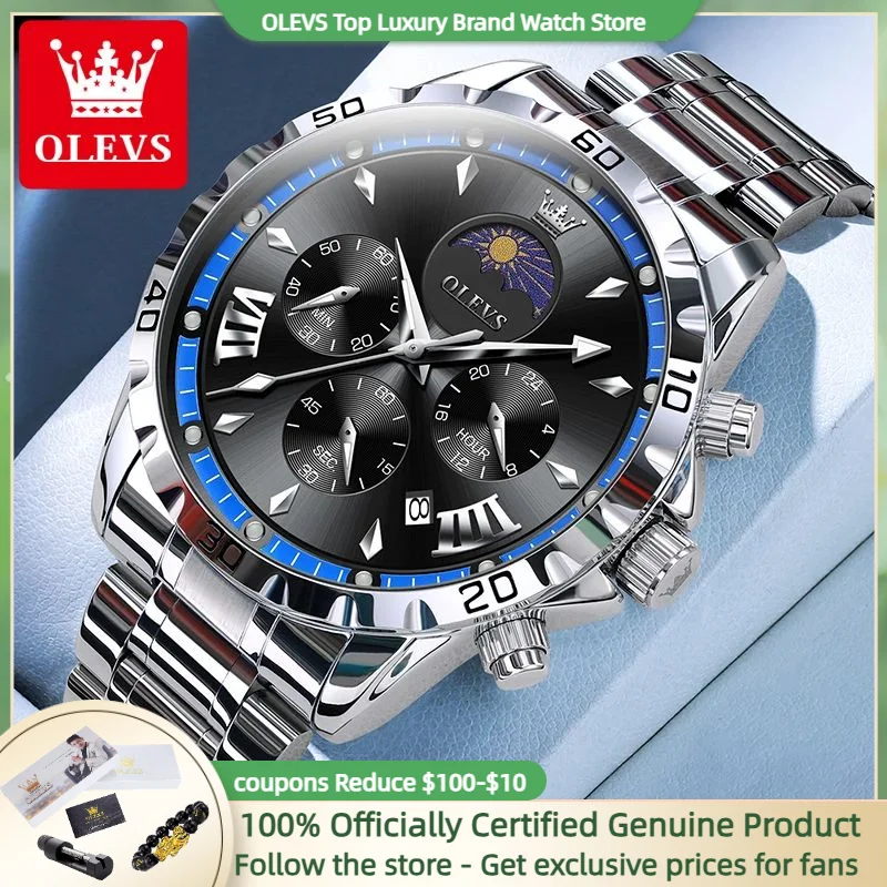 OLEVS Luxury Brand 2949 Men Watch Stainless steel Luminous Multifunction Chronograph Calendar Quartz Watch for Man