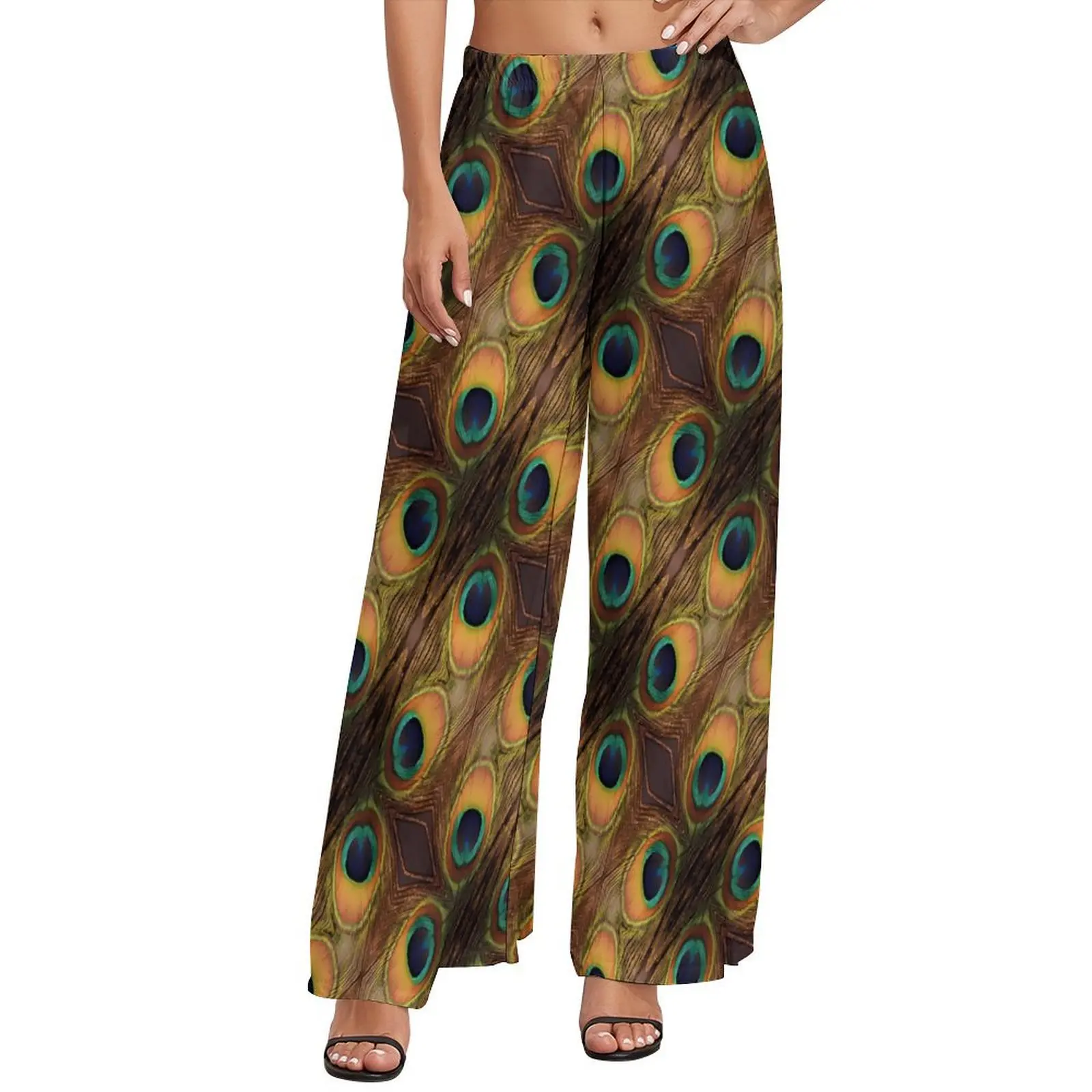 

Colorful Peacock Pants Women Green Gold Black Street Style Trousers High Waisted Casual Wide Pants Gift