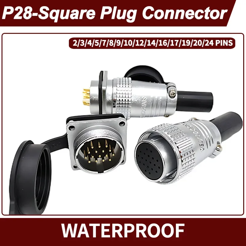 

P28 Aviation Connectors Square Male Plug Circular Female Socket—Butt Joint, Rear Nut Socket 2/3/4/5/7/10/12/14/16/19/20/24 Pin