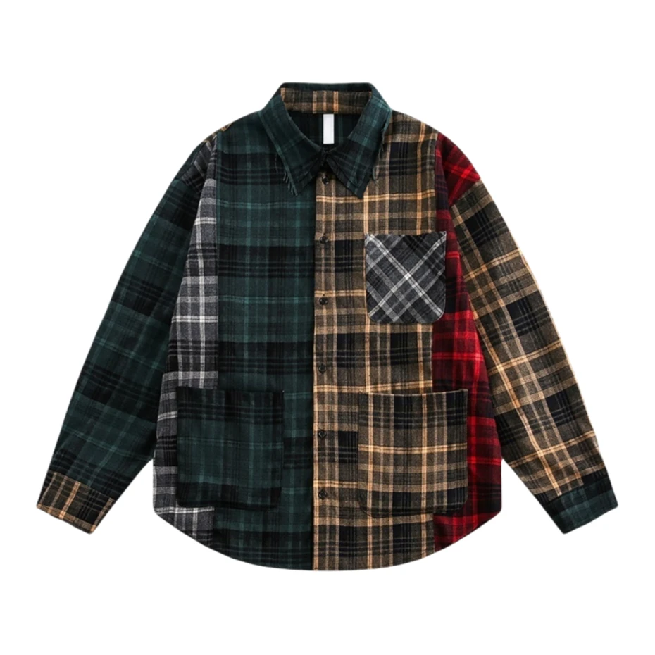 Oversized Mens Plaid Shirts Streetwear Hip Hop Y2k Splicing Casual Blouse Men Harajuku Vintage Long Sleeve Shirt Coats Unisex