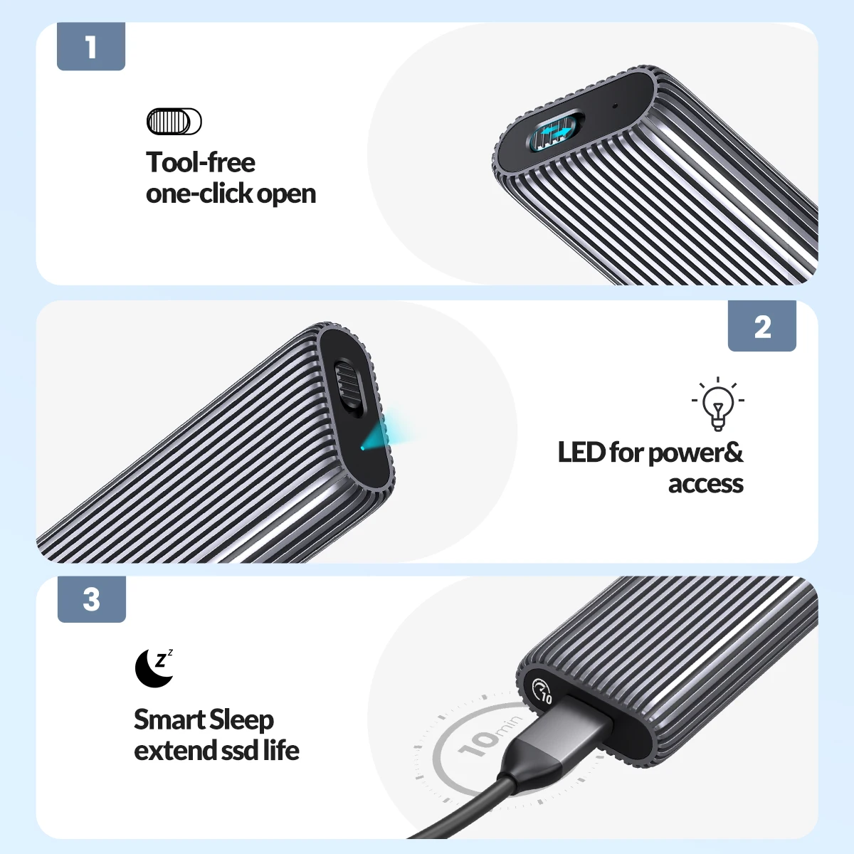 ORICO Tool Free Aluminum M2 NVMe SSD Enclosure 10Gbps PCIe Type C M.2 SSD Case NVMe M Key Solid State Drive Case Support UASP