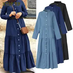 Denim Abaya Women Long Sleeve Maxi Dress Muslim Kaftan Dubai Button Robe Casual Jilbab Arab Gown Islamic Clothing Eid Ramadan