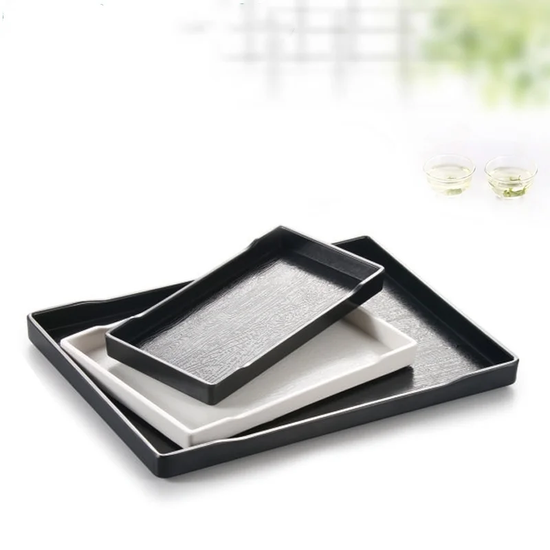 Plastic Tray  Black White Melamine European Rectangle Imitation Porcelain Glossy Wood Grain Plate Home Kitchen Storage Supplies