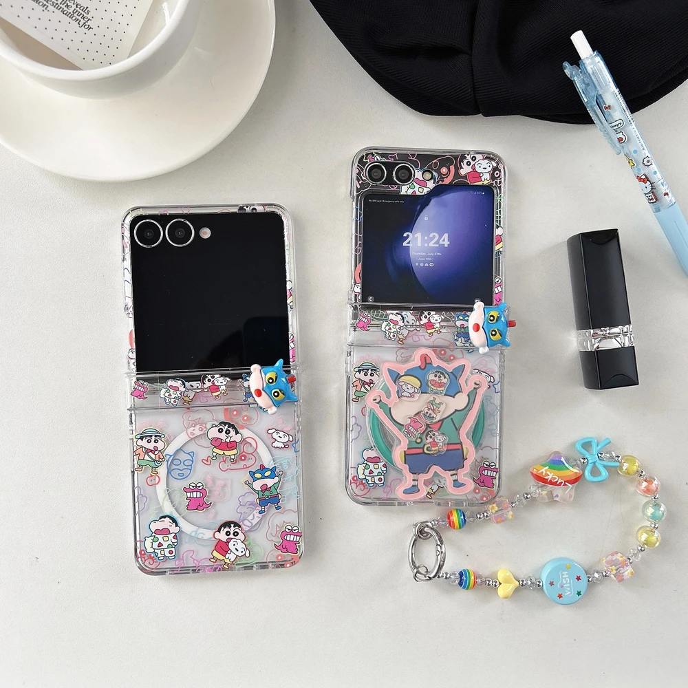 Cute Cartoon Anime Crayon Shin chan Magnetic Holder Wireless Charge Phone Case For Samsung Galaxy Z Flip 8 7 6 5 Hard TPU Cover