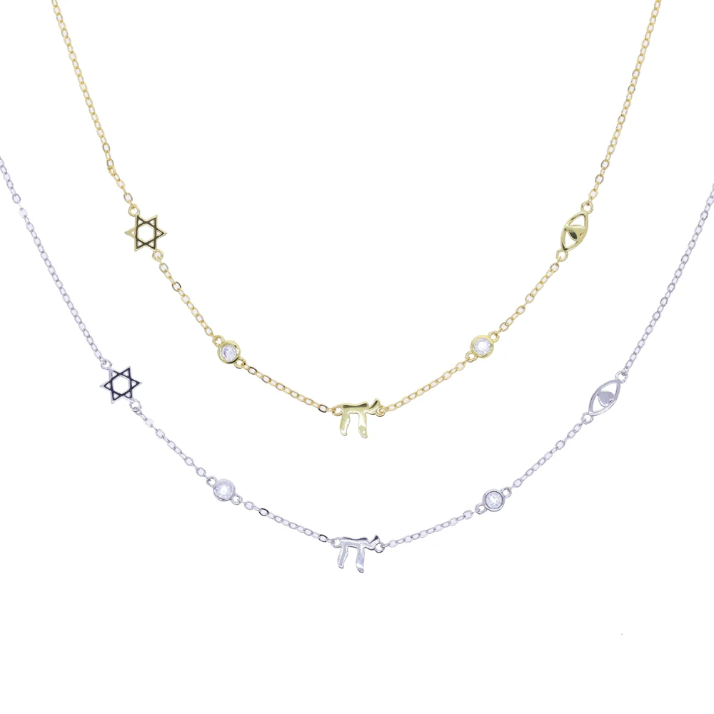 Eye Star Jewish Chai Symbol Charm Link Necklaces for Women Round Zircon Gold Silver Color Fashion Jewelry Party Amulet Gift