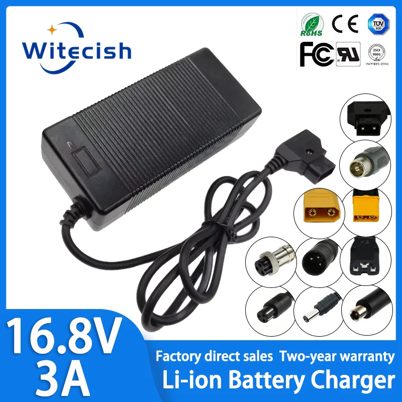 16.8V 3A Li-ion battery charger for 14.4v 14.8v battery 4S 18650 battery pack connector DC5521 gx12 gx16 d-tap xt60 xt90 XLR RCA