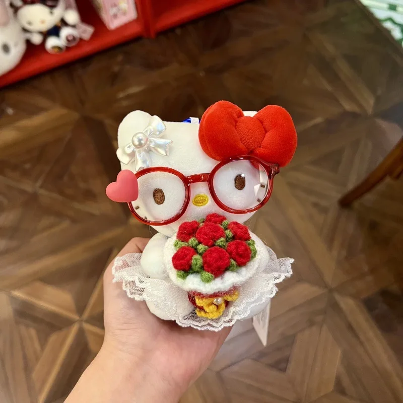 Uroczy Kreskówkowy Okulary Hello Kitty Dziewczyna Spódniczka Breloczek DIY Ręcznie Robiony Kwiat Kucharz Czapka Pluszowa Lalka Breloczek Zawieszka do Torby Zabawka Prezent