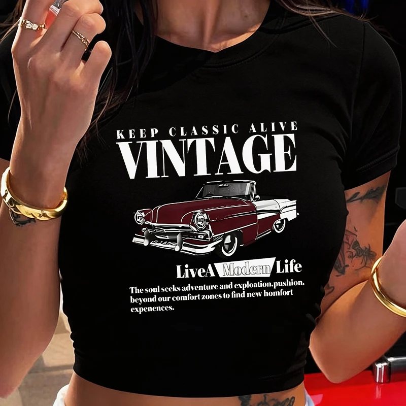T-shirt court vintage rétro pour femme et fille, style années 90 Y2K, imprimé sexy, pour garder le classique actuel, vêtements