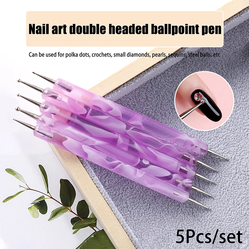 

5pcs/Set Dual-Ended Nail Art Dotting Pen With Rhinestones Handle 3D UV Gel Liner Flower Pattern Drawing Painting Brush Tool Kits