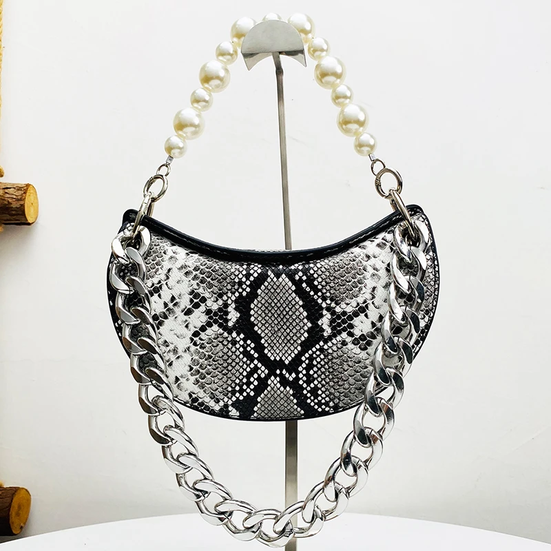 European And American Fashion High-end Crescent Snake Pattern Beaded Chain Handbag Trend Personalized Temperament Shoulder Bag