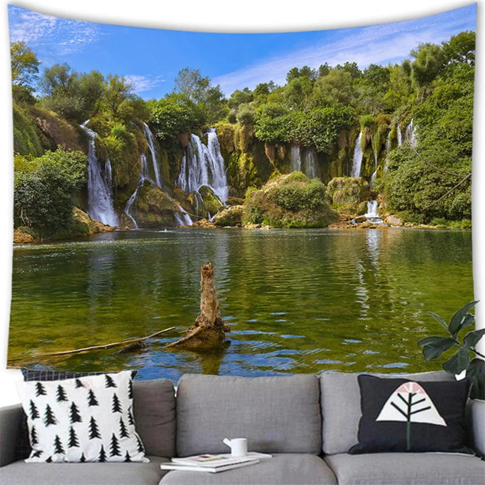 

Hatural Waterfall Forest Scenery Tapestry Beautiful Blue Sky Jungle River Tapestries Bedroom Living Room Dorm Decor Wall Hanging