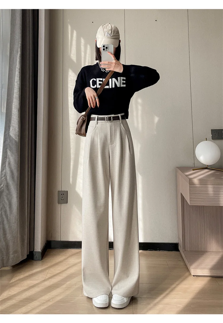 2023 Autumn and Winter New Wool Blended Wide-Leg Pants Straight Mopping Pants High Waist Slim Lengthened Casual Pants for Women