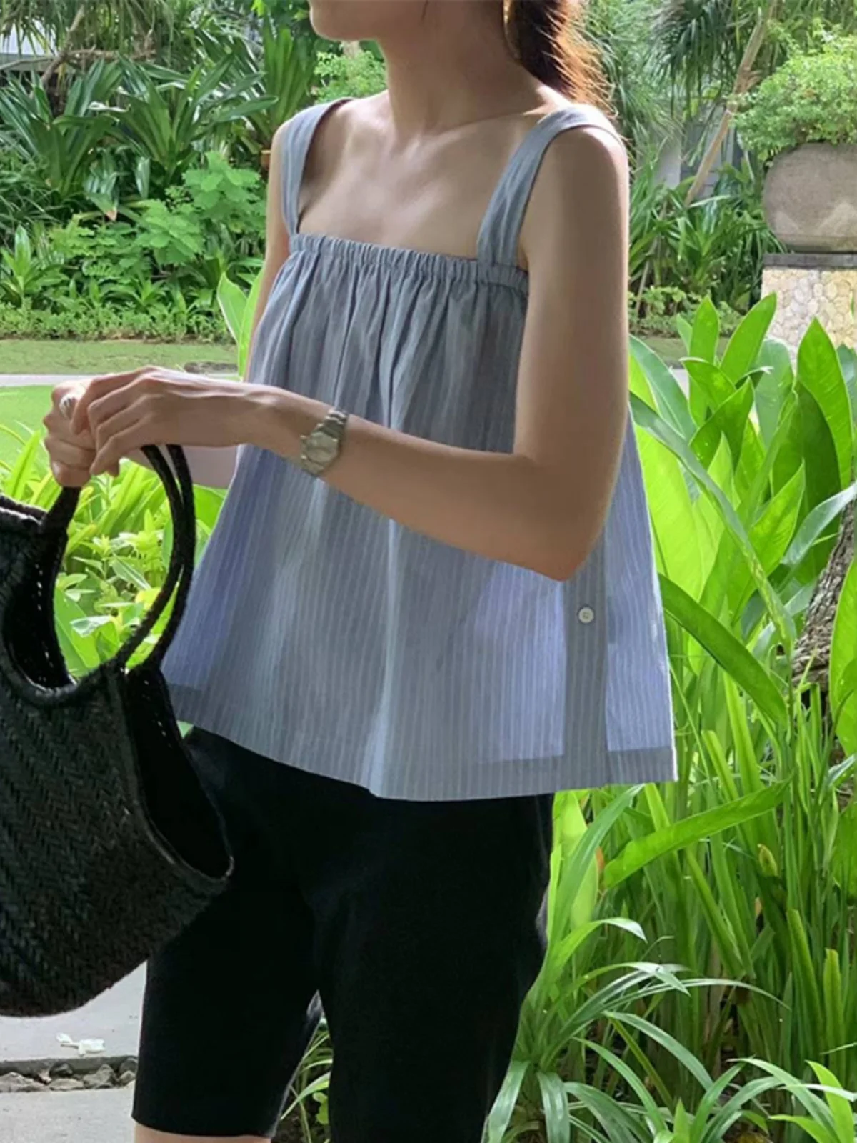 

Summer New Style Square Collar Vest Doll Shirt Women's Retro Striped Short Thin Strap Top Slimming Bellovi Tank Top