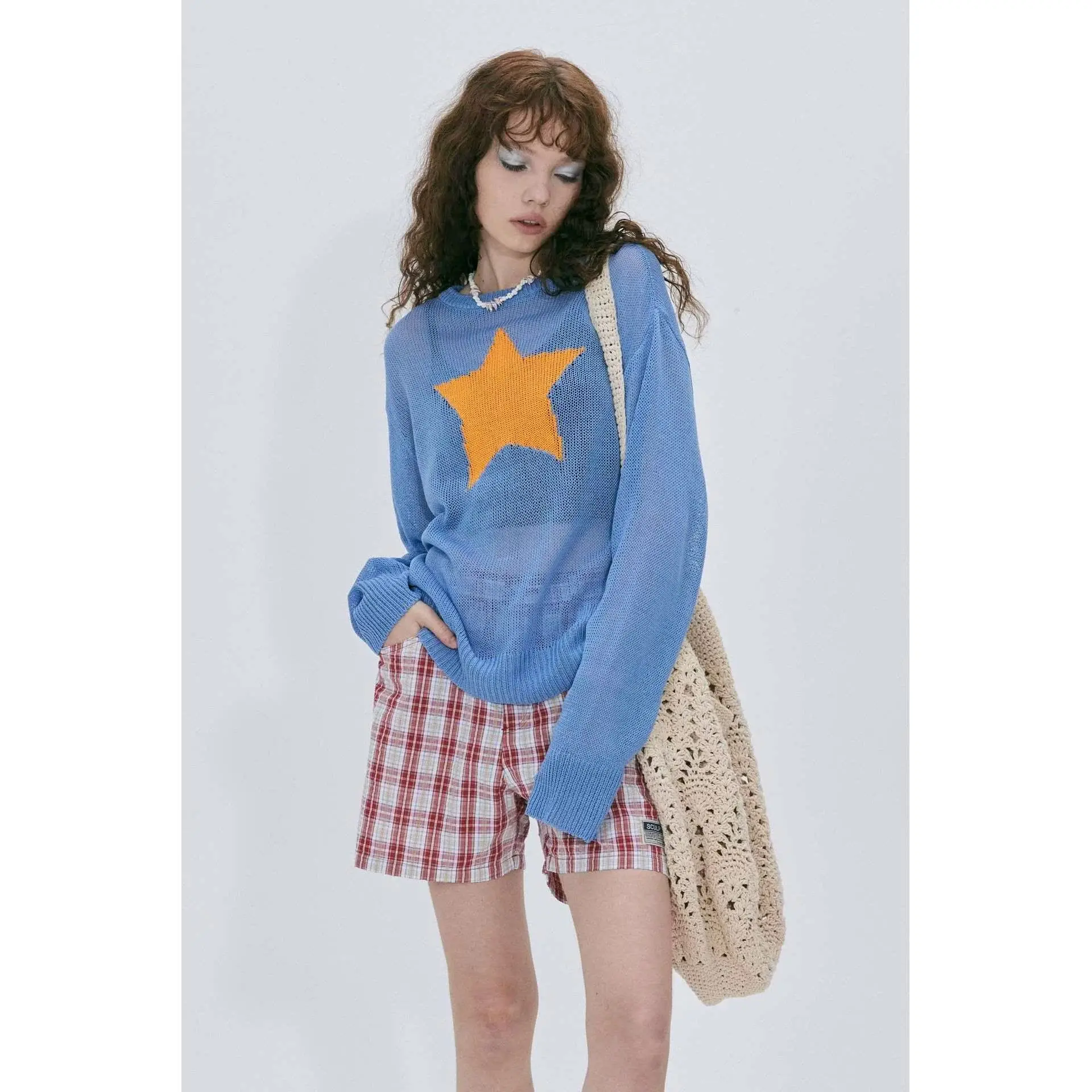 Sexy Hollow out Star Pattern See tough Knitted T irt Women's Outerwear Long Sve round Ne Top Trendy Street Sle