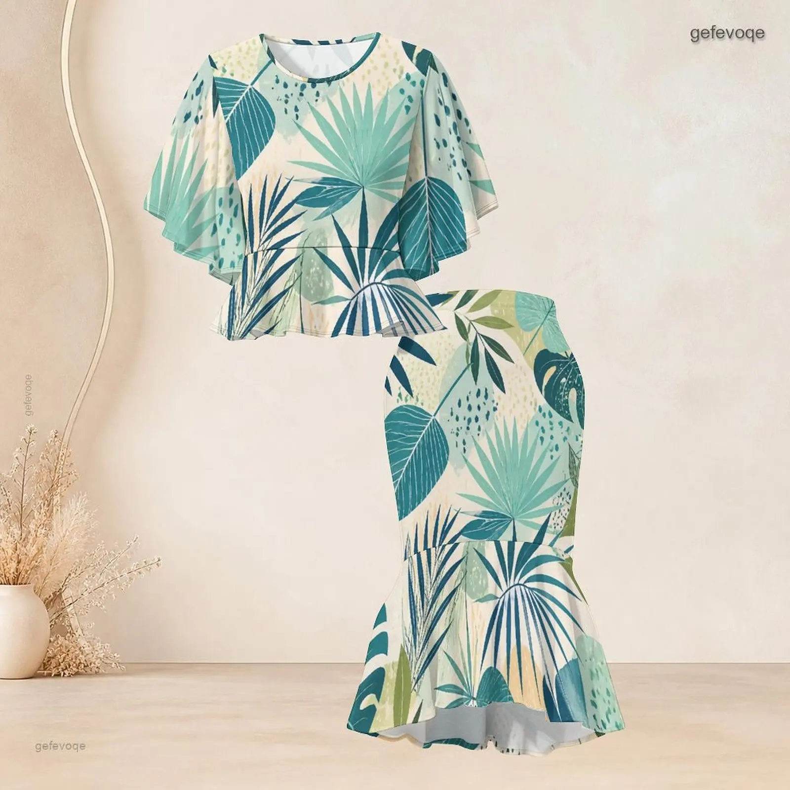 Women Batwing Sleeve Ruffle Hem Top Fishtail Skirt Two Piece Printed Skirt Set