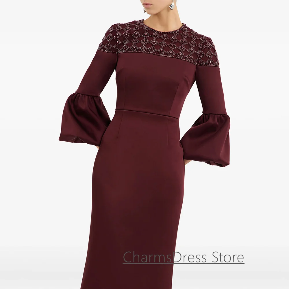 فستان سهرة عنابي مخصص موضة رقبة مستديرة 3/4 أكمام مطرز بالكريستال طول الأرض فستان حفلات المملكة العربية السعودية #4