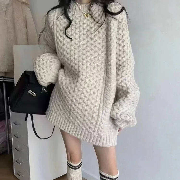 가을 겨울 레트로 헤비 인더스트리 트위스트 스웨터 여성 2025 신상 미디 기장 캐주얼 루즈 풀오버 니트웨어