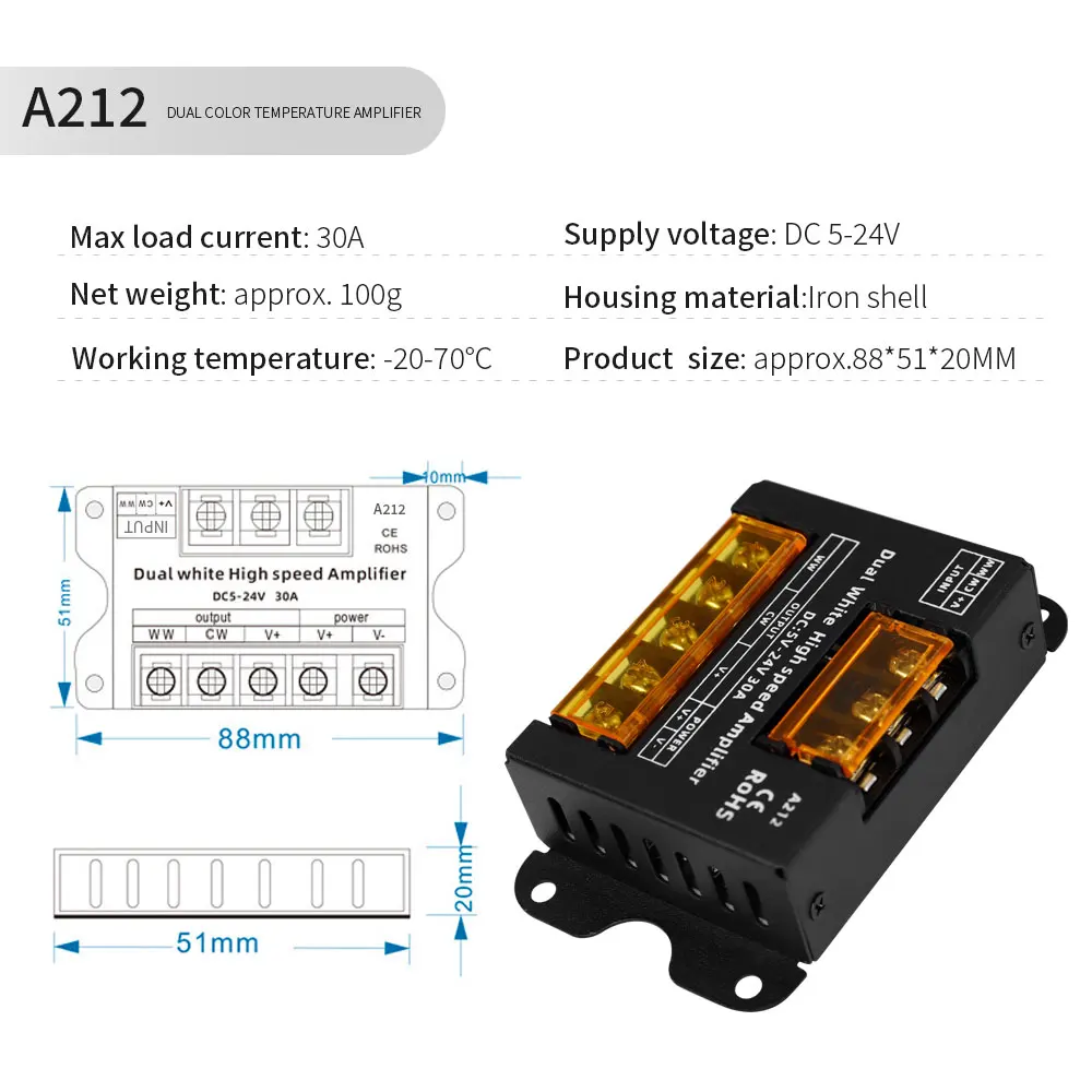 Color Temperature LED Strip Controller Dimmer 30A Dual White 2CH High Speed Signal Amplifier For CCT Led Light Tape DC5-24V