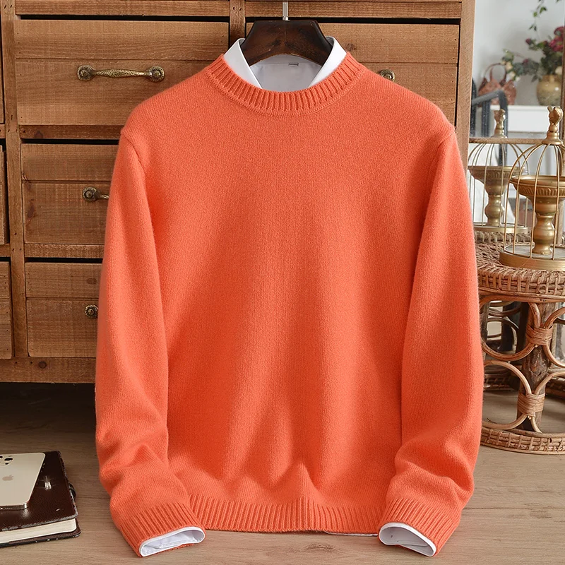 

New solid color cashmere sweater men's pure cashmere round neck thickened knitted winter warm bottoming sweater youth high-end