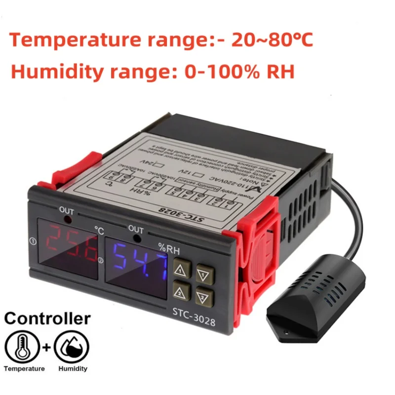 STC-3028 Dual Digital Thermostat Temperature Humidity Control Thermometer Hygrometer Incubator Controller AC 220V DC 12V 24V