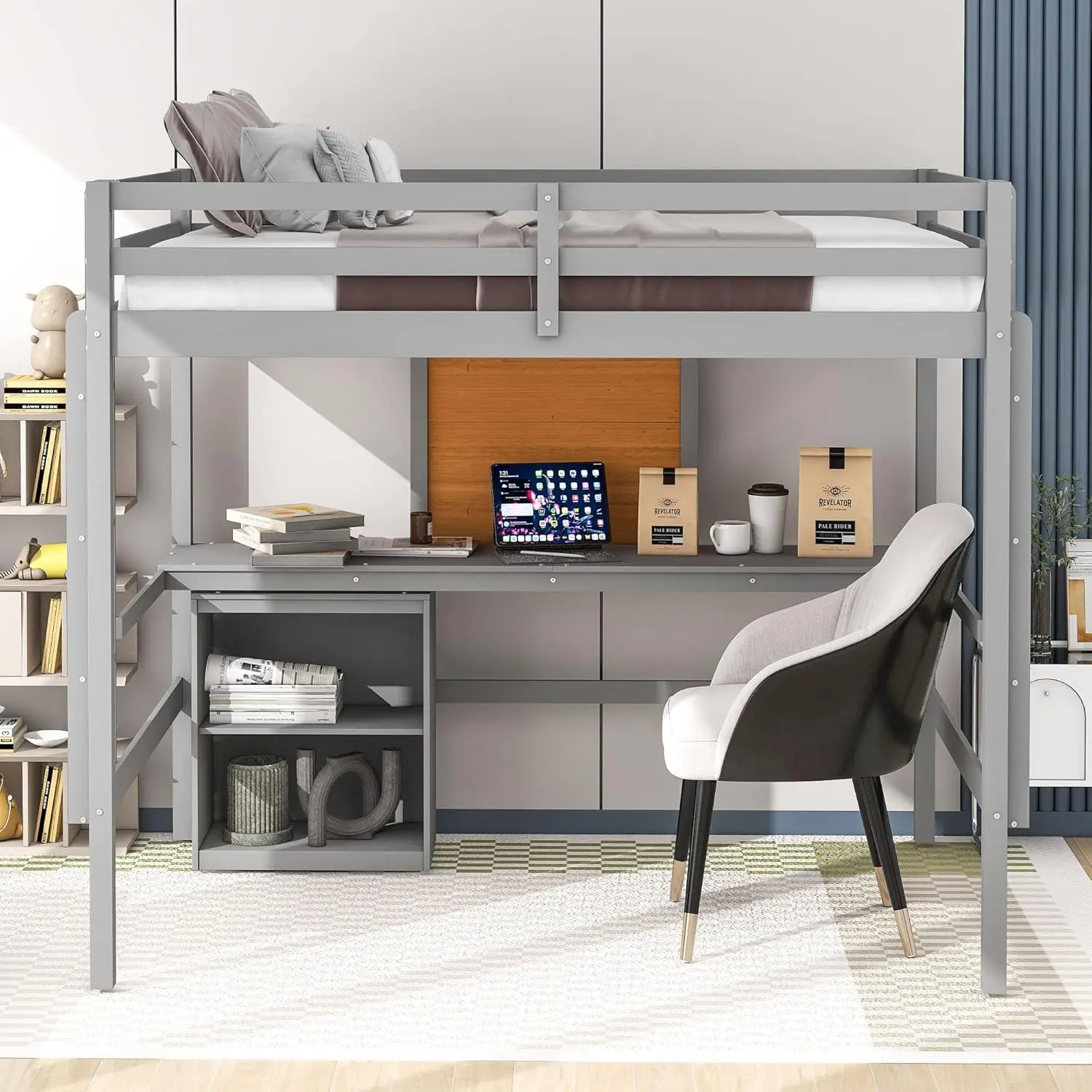 Lit Loft pleine grandeur avec bureau et tableau d'écriture, cadre de lit Loft en bois avec 2 échelles intégrées et garde-corps pour enfants et adolescents