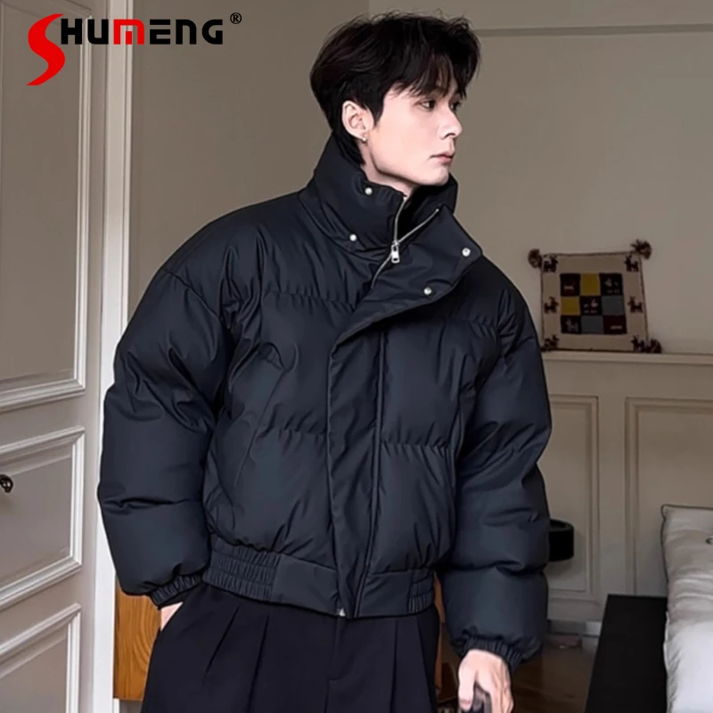 Men's Faux Fur Collar PU Leather Down Cotton Jackets Men's 2025 Winter New Thickened Parkas Masculinity Stand Collar Chic Coats