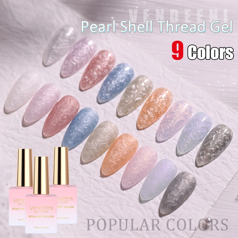 Vendeeni 9 Colors Pearl Shell Thread Gel Nail Polish VU LED Soak Off White Pearl Manicure Gel Nail Varnish 15ml