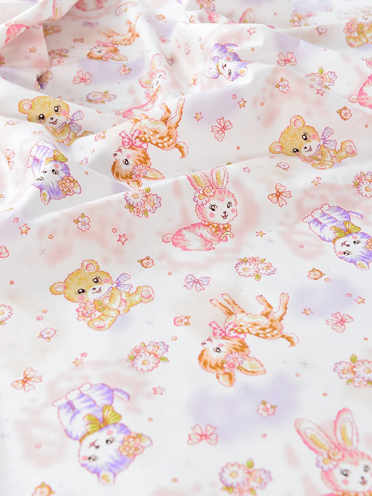 Rabbit Cat Pure Cotton Fabric Handmade DIY Clothing Cute Cartoon Showa Style Small Animal by Half Meter