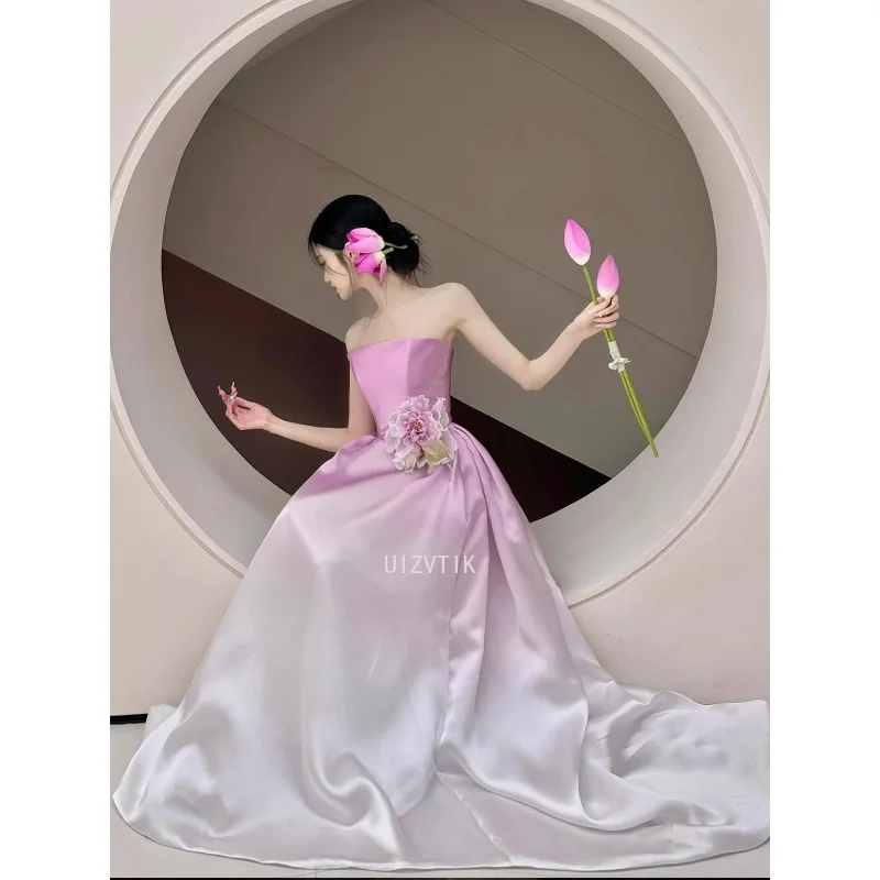 Gaun Pesta Malam Panjang Tanpa Tali Perancis Elegan Gaun Pengantin Mewah Ringan Wanita Gaun Perjamuan Pertunangan Pengantin Stiker 3D