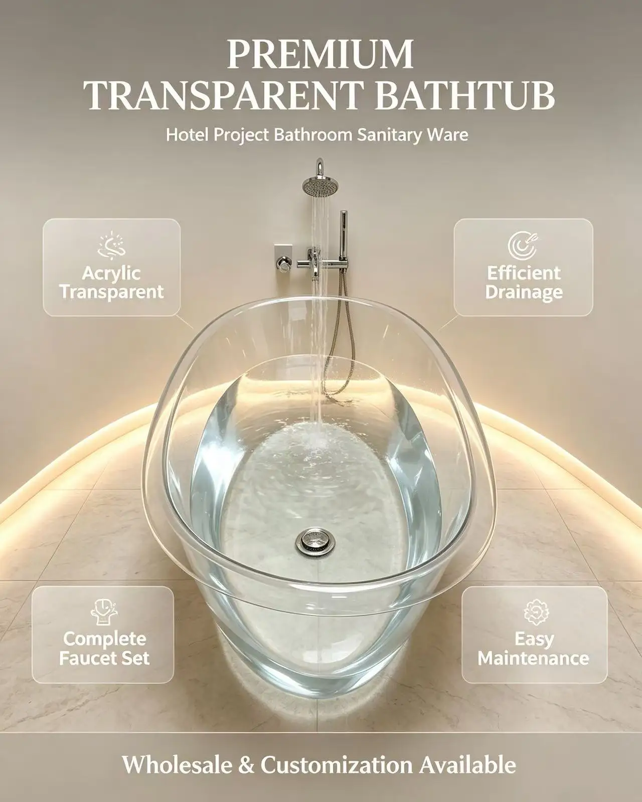 Simple and transparent plastic freestanding floor standing oval bathtub, suitable for couples, hotels, and families to use