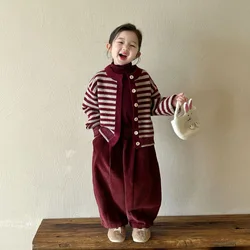Baby Girls Sets Fashion Red Striped Knitted Cardigan Sweater Corduroy Pants 2024 Autumn New Korean Style Kids