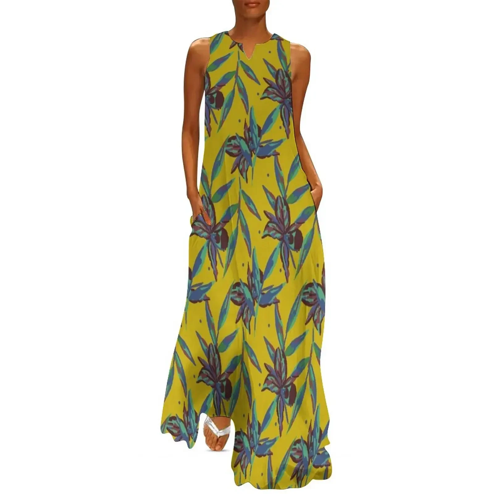 

Motif Tahiti exotique jaune moutarde décoration Long Dress Cocktail of dresses summer dresses ladies 2025 Woman clothes Dress