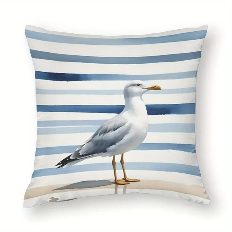 1pcs Short Plush Coastal Seagull Pillow Cover  Blue & White Striped Background Double-Sided Print Zipper Cushion Case Home Decor