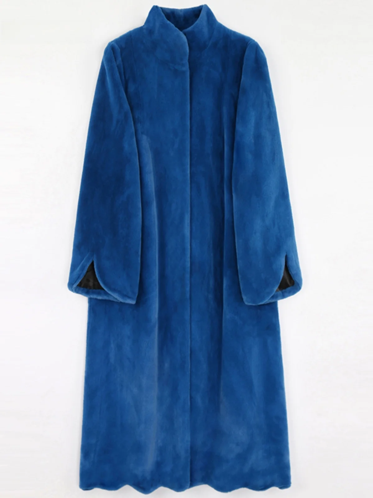 

Nerazzurri Young Style Long A-Line Fur Coat Eco-friendly Plush Rabbit Fur Simulation Outerwear Blue Color Korean Version