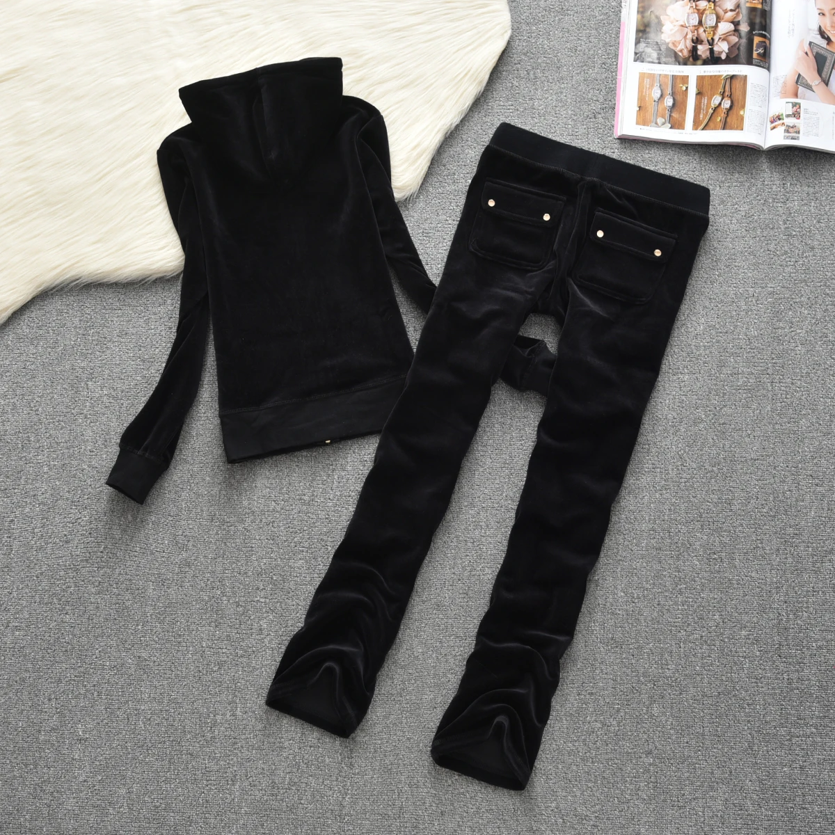 Tracksuit Women Velour Fashion Elegant Velvet Two Piece Set Woman Sexy Hooded Long Sleeve Top And Straight Pants Bodysuit Suit