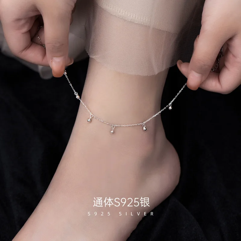 Metiseko 925 Pure Silver Anklet Silver Round Beads Pendant Anklet 2 Colors Simple Distinct Fashion for Women Party Holiday 2022